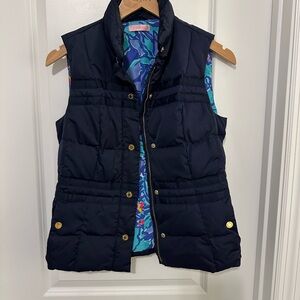 Lilly Pulitzer Blue and Gold Quilted Vest with Stand-Up Collar